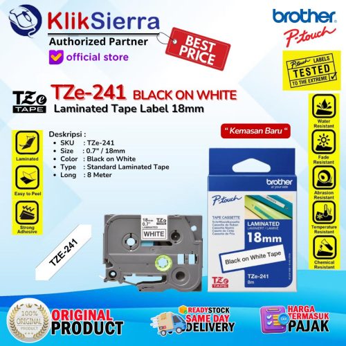 BROTHER ORIGINAL PTouch Label 18mm TZe-241 TZe241 Black on White | TZe-141 TZe141 | TZe-441 TZe441 | TZe-541 TZe541 | TZe-641 TZe641 | TZe-741 TZe741 | TZe-345 TZe345 – Sticker Tahan Air Waterproof For Printer PT-D460BT D610BT P710BT P750W P900W P950NW