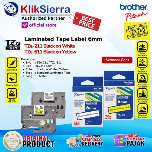 BROTHER TZe-211 TZe211 | TZe-611 TZe611 ORIGINAL PTouch Label 6mm Black on White / Yellow Tahan Panas & Air Waterproof For Printer PT-H110 | PT-D210 | PT-D460BT | PT-D610BT | PT-P750W | PT-P900W | PT-P950NW
