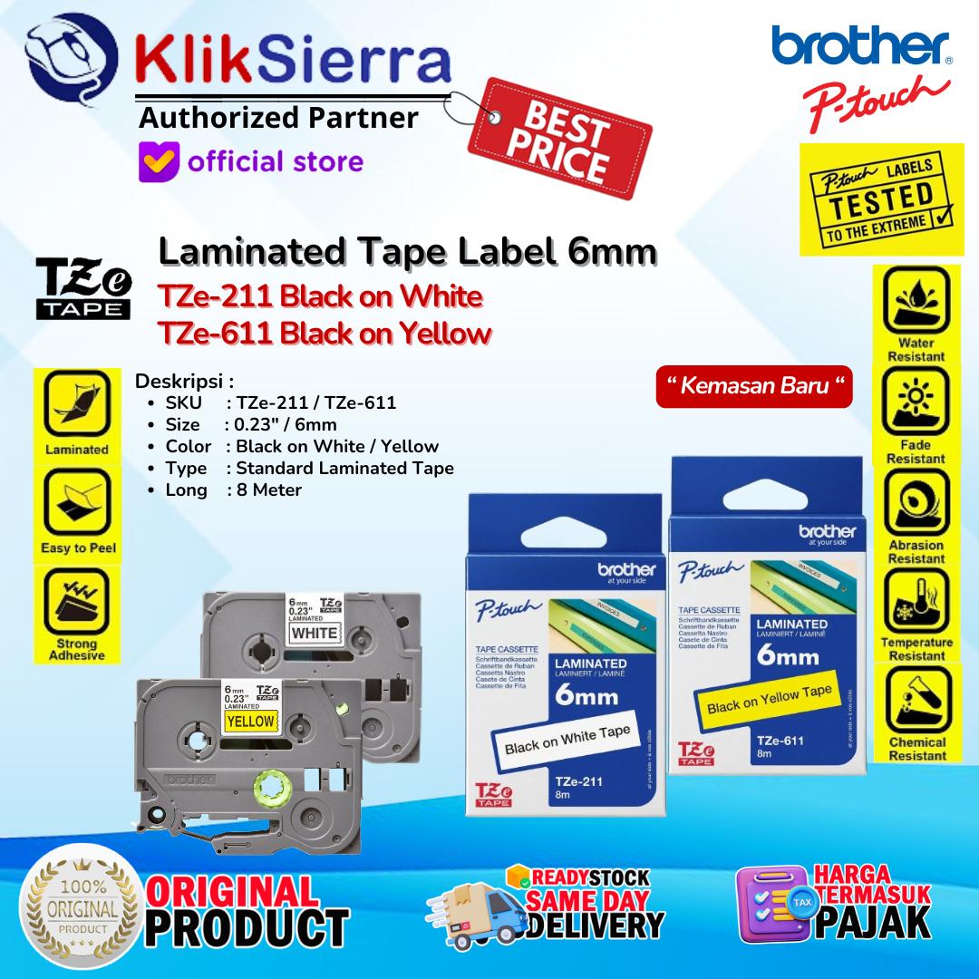 BROTHER TZe-211 TZe211 | TZe-611 TZe611 ORIGINAL PTouch Label 6mm Black on White / Yellow Tahan Panas & Air Waterproof For Printer PT-H110 | PT-D210 | PT-D460BT | PT-D610BT | PT-P750W | PT-P900W | PT-P950NW