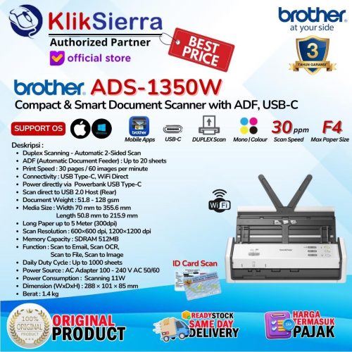 BROTHER ADS-1350W ADS1350 & ADS-1800W ADS1800 Wireless – Portable Scanner with USB-C Compact & Smart Document Scan 30ppm ADF WiFi Direct – ADS-1300 | ADS1300 USB – Garansi Resmi 3 Tahun
