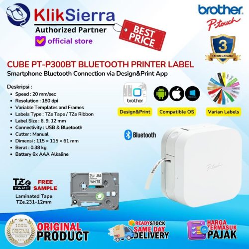 Printer Label BROTHER PT-P300BT | PTP300 | PT-P300 Bluetooth – PTouch Cube Portable Label Printer – Free Aplikasi Design&Print2 dari Handphone with Variasi Label Sticker & Ribbon TZe Max 12mm Stiker Laminated & Waterproof – Garansi Resmi 3 Tahun