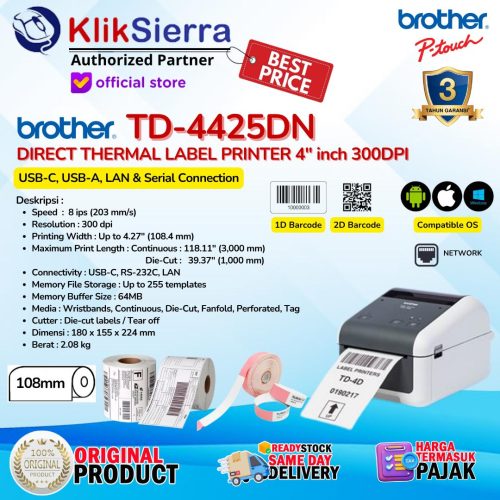 Printer Label BROTHER TD4425 TD4425DN TD-4425DN Direct Thermal 4″ Inch 104mm 300dpi USB SERIAL LAN Network – Large Printer Barcode, Resi Online Shop, Gelang Pasien WristBand & TD4410 TD4410D TD-4410D 203dpi