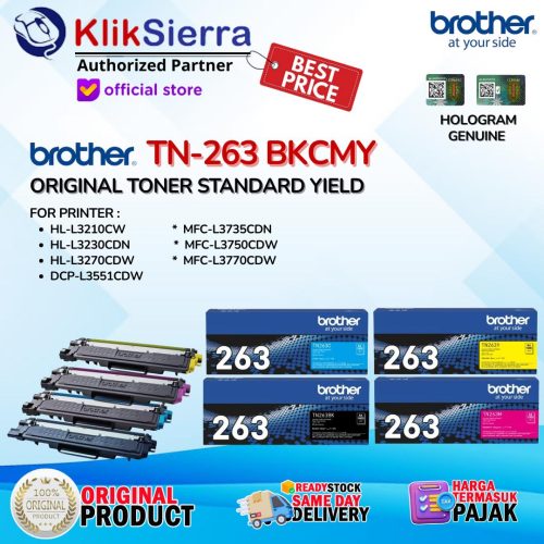 BROTHER TONER TN263 | TN-263 BKCMY | TN-263BK | TN-263C | TN-263M | TN-263Y – TONER ORIGINAL For Printer HL-L3210CW L3230CDN L3270CDW | DCP-L3551CDW | MFC-L3735CDN L3750CDW L3770CDW