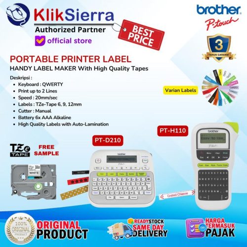 BROTHER Printer Label PT-H110 PTH110 | PT-D210 PTD210 Portable Handy Label Maker Max 12mm with TZe Tape Label Sticker Auto Lamination & Waterproof – Garansi Resmi 3 Tahun