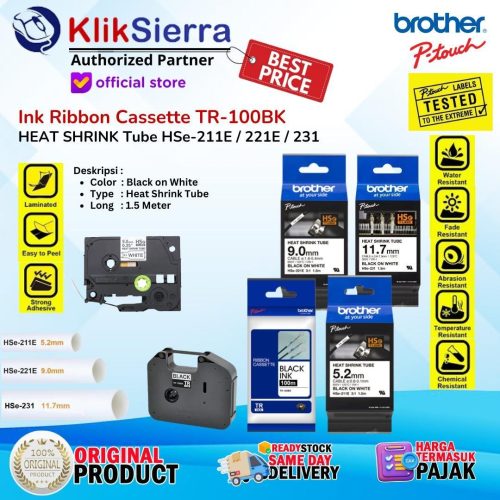 Printer Label BROTHER Cartridge Tube TR100 TR100BK TR-100BK Black For Tubing & HSe-211e | HSe-221e | HSe-231e Label Heat Shrink | HeatShrink For Printer Tubing PT-E800 E850TKW PT-E300 E310BT PT-E550W E560BT – ORIGINAL
