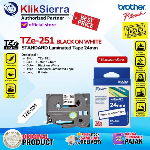 BROTHER TZe-151 TZe151 | TZe-251 TZe251 | TZe-451 TZe451 | TZe-551 TZe551 | TZe-651 TZe651 | TZe-751 TZe751 | TZe-355 TZe355 ORIGINAL Tape 24mm Label Sticker Tahan Air Waterproof For Printer PTouch PT-D610BT P710BT P750W P900W P950NW E550WVP E800T E850TKW