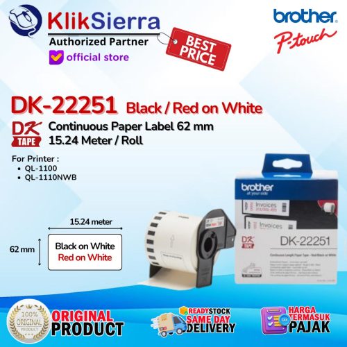 BROTHER DK-22251 DK22251 ORIGINAL Continuous Label Red on White 62mm x 15.24m For Printer PTouch QL800 QL820 QL1100 QL1110