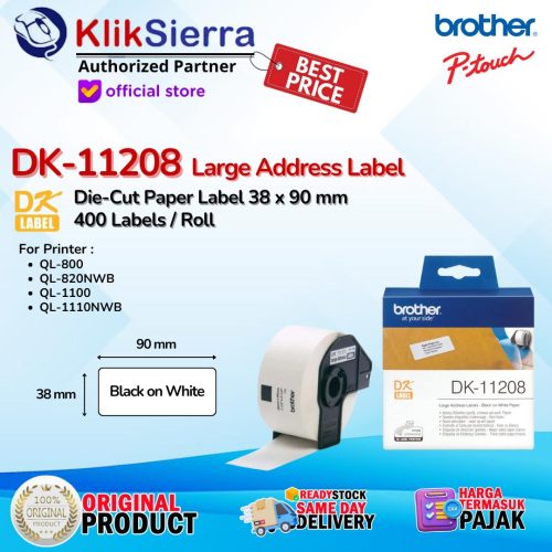 BROTHER DK-11208 DK11208 ORIGINAL Label Die Cut 38mm x 90mm Large Address Label Alamat For Printer QL800 QL820 QL1100 QL1110