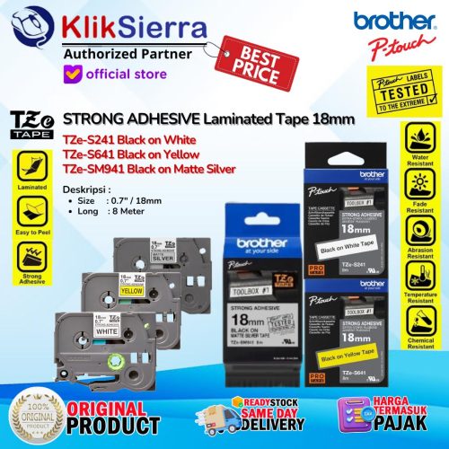 BROTHER STRONG ADHESIVE Label 18mm TZe-S241 TZeS241 | TZe-S641 TZe641 | TZe-SM941 TZeSM941 – Sticker Tahan Panas & Tahan Air Waterproof For Printer PTouch PT-D460BT D610BT P710BT P750W P900W P950NW