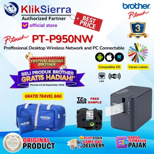 Printer Label BROTHER PT-P950NW | PTP950NW | PTP950 | PT-P950 Wireless WiFi & LAN Network & PT-P900W | PT-P900 – Label Printer Barcode For Asset Management – Free Aplikasi PTouch Editor with TZE Sticker Label Max 36mm Stiker Laminated & Waterproof
