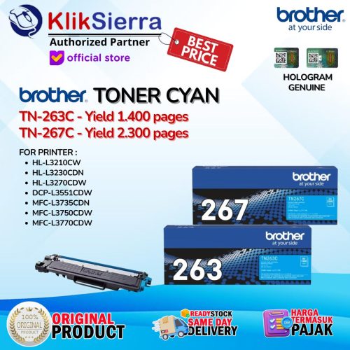 BROTHER ORIGINAL TONER TN263 | TN-263 | TN263C | TN-263C – TN267 | TN-267 | TN267C | TN-267C CYAN | BIRU For Printer HL-L3210CW, L3230CDN, L3270CDW | DCP-L3551CDW | MFC-L3735CDN, L3750CDW L3770CDW