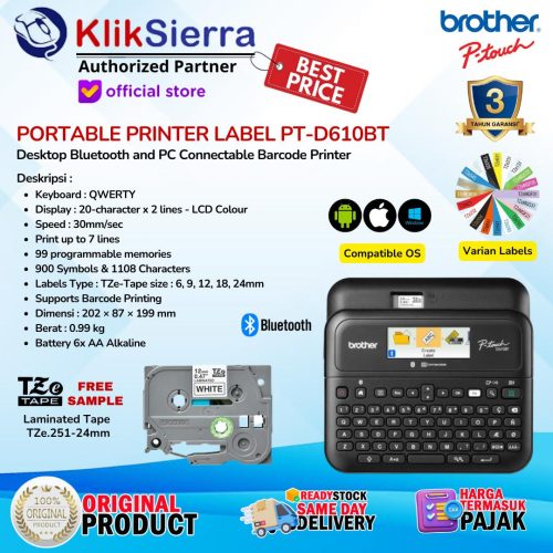 Printer Label Barcode BROTHER PTouch PT-D610BT | PTD610 | PTD610BT | PT-D610 Bluetooth Portable Label Printer with TZE Tape Label Sticker Max 24mm Laminated & Waterproof Stiker – Pengganti PT-D600 PTD600