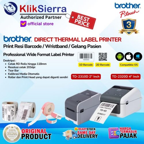 BROTHER TD4410 TD-4410 TD-4410D Printer Label Direct Thermal 4″ Inch 104mm 203dpi Large Printer Barcode, Resi Online Shop, Gelang Pasien WristBand & TD2310 TD2310D TD-2310D 2″ Inch 63mm – Garansi Resmi 3 Tahun