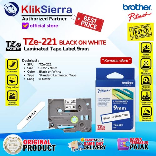 BROTHER TZe-221 TZe221 | TZe-121 TZe121 | TZe-421 TZe421 | TZe-521 TZe521 | TZe-621 TZe621 | TZe-721 TZe721 | TZe-325 TZe325 – ORIGINAL PTouch Label 9mm – Tahan Panas & Air Waterproof For Printer PT-H110 D210 D460BT D610BT P750W P900W P950NW
