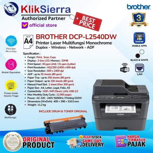 Printer BROTHER DCP-L2540DW | L2540 Duplex Wireless WiFi LAN Ethernet dengan ADF All-in-One Printer Laser Monochrome Multifunction 30ppm [ Khusus Instant ] – Garansi Resmi 3Tahun