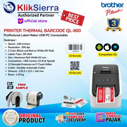 Printer Label BROTHER QL-800 | QL800 PTouch Label Printer Barcode Labeling Shipping – Auto Cutter with DK Roll Max 62mm – Garansi Resmi 3 Tahun