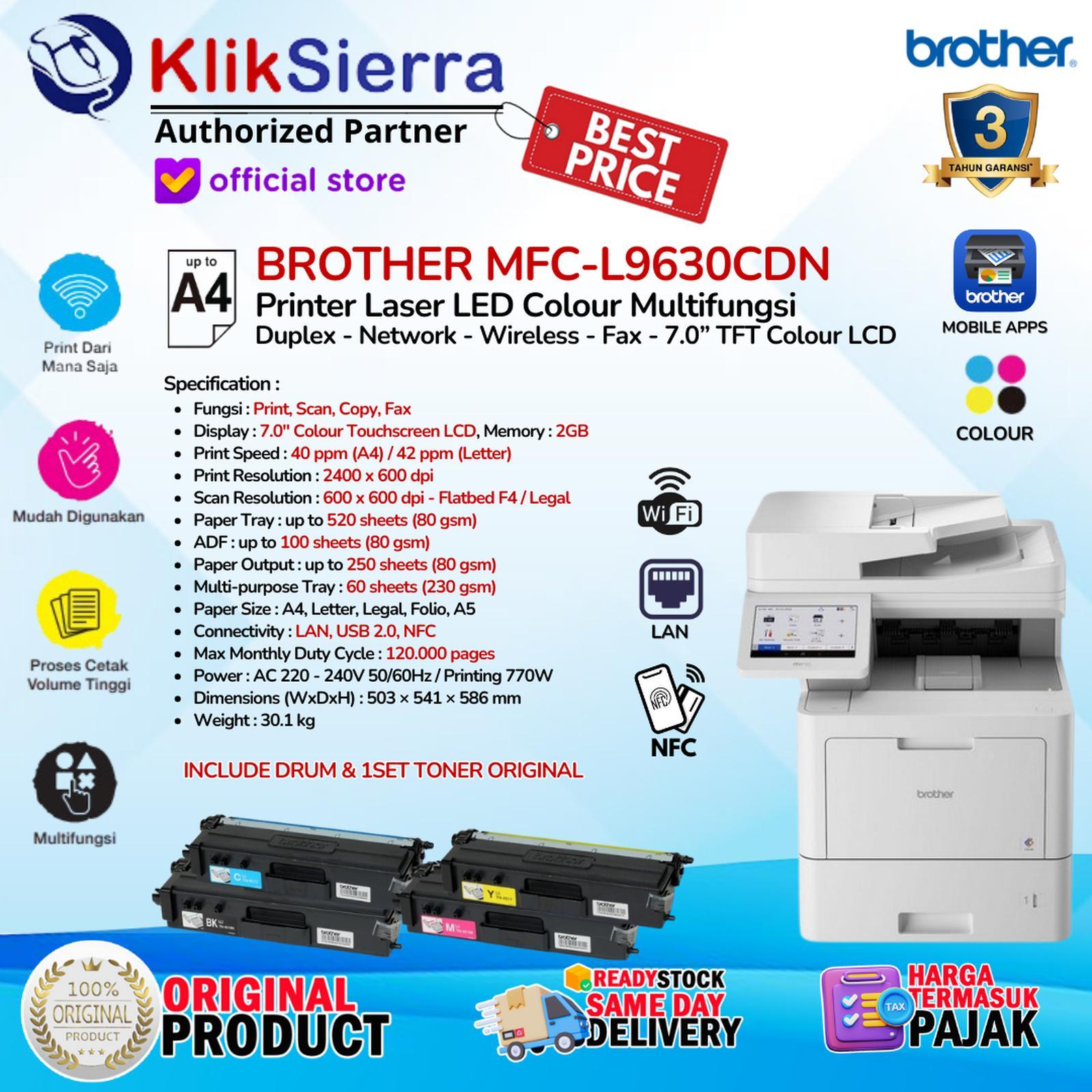 PRINTER BROTHER MFC-L9630CDN L9630 Printer ALL IN ONE Laser Colour LED dengan ADF F4 Flatbed with 7.0" LCD Touchscreen 40ppm Duplex Network LAN FAX NFC Include TONER ORIGINAL - Garansi Resmi 3 Tahun