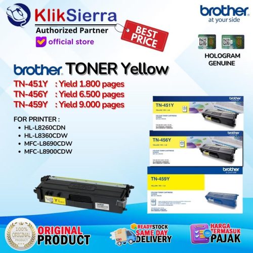 BROTHER ORIGINAL TONER TN-451 TN451 TN451Y TN-451Y | TN-456 TN456 TN456Y TN-456Y | TN-459 TN459 TN459Y TN-459Y – TONER YELLOW KUNING For Printer HL-L8260CDN HL-L8360CDW MFC-L8690CDW MFC-L8900CDW