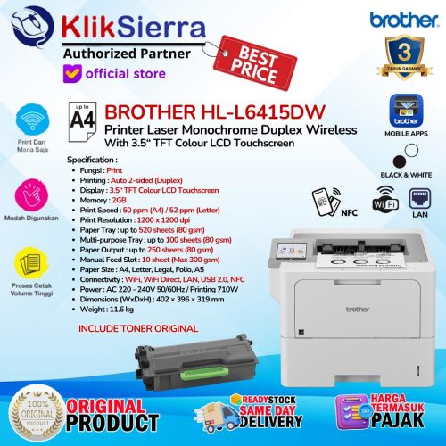 BROTHER HL-L6415DW | L6415 Duplex Wireless WiFi, LAN Ethernet, NFC, 50ppm – Printer Laser Monochrome with 3.5 inch Color LCD Touchscreen – Pengganti HL-L6400DW – Garansi Resmi