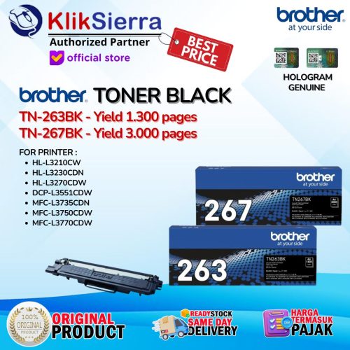 BROTHER ORIGINAL TONER TN263 | TN-263 | TN263BK | TN-263BK – TN267 | TN-267 | TN267BK | TN-267BK BLACK HITAM For Printer HL-L3210CW L3230CDN L3270CDW | DCP-L3551CDW | MFC-L3735CDN L3750CDW L3770CDW
