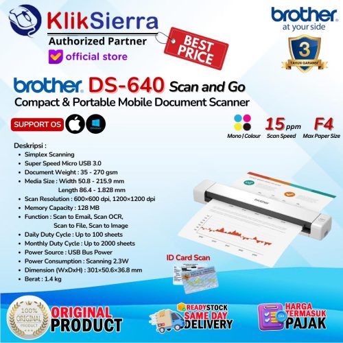 BROTHER Scanner DS-640 DS640 Compact Mobile Document Scanner & DS-940DW DS940 Duplex WiFi Scanner Portable Credit Card / ID Card Scan – Garansi Resmi 3 Tahun