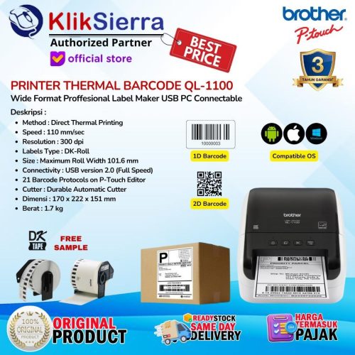 Printer Label BROTHER QL1100 QL-1100 & QL1110 QL-1110NWB PTouch Large Label Shipping Cargo | Label Printer Barcode Logistic | Printer Resi Besar with DK Roll Max 103mm – Garansi Resmi 3 Tahun