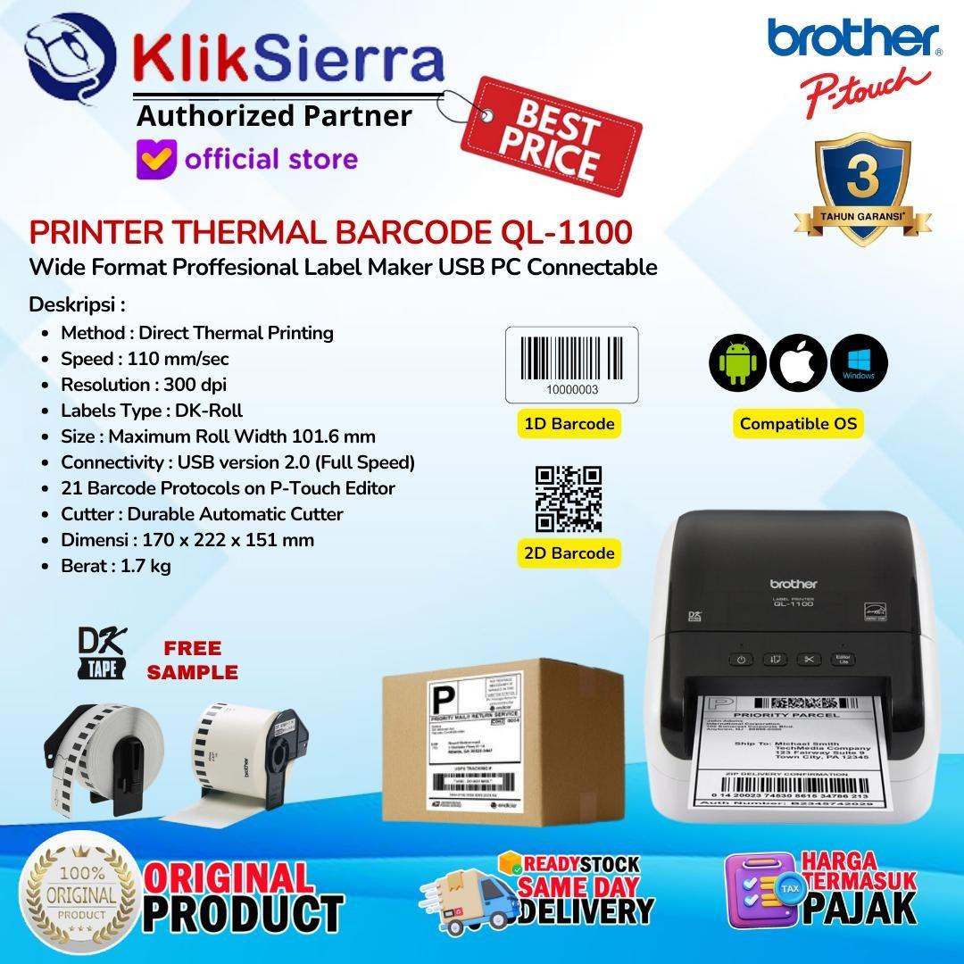 Printer Label BROTHER QL1100 QL-1100 & QL1110 QL-1110NWB PTouch Large Label Shipping Cargo | Label Printer Barcode Logistic | Printer Resi Besar with DK Roll Max 103mm - Garansi Resmi 3 Tahun