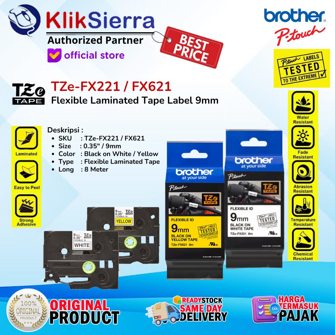 BROTHER TZe-FX621 Black on Yellow | TZe-FX221 Black on White - ORIGINAL FLEXIBLE Laminated Tape Label 9mm Tahan Panas Tahan Air Waterproof For PTouch Printer PT-H110 D210 D460BT D610BT P750W P900W P950NW P300BT P710BT