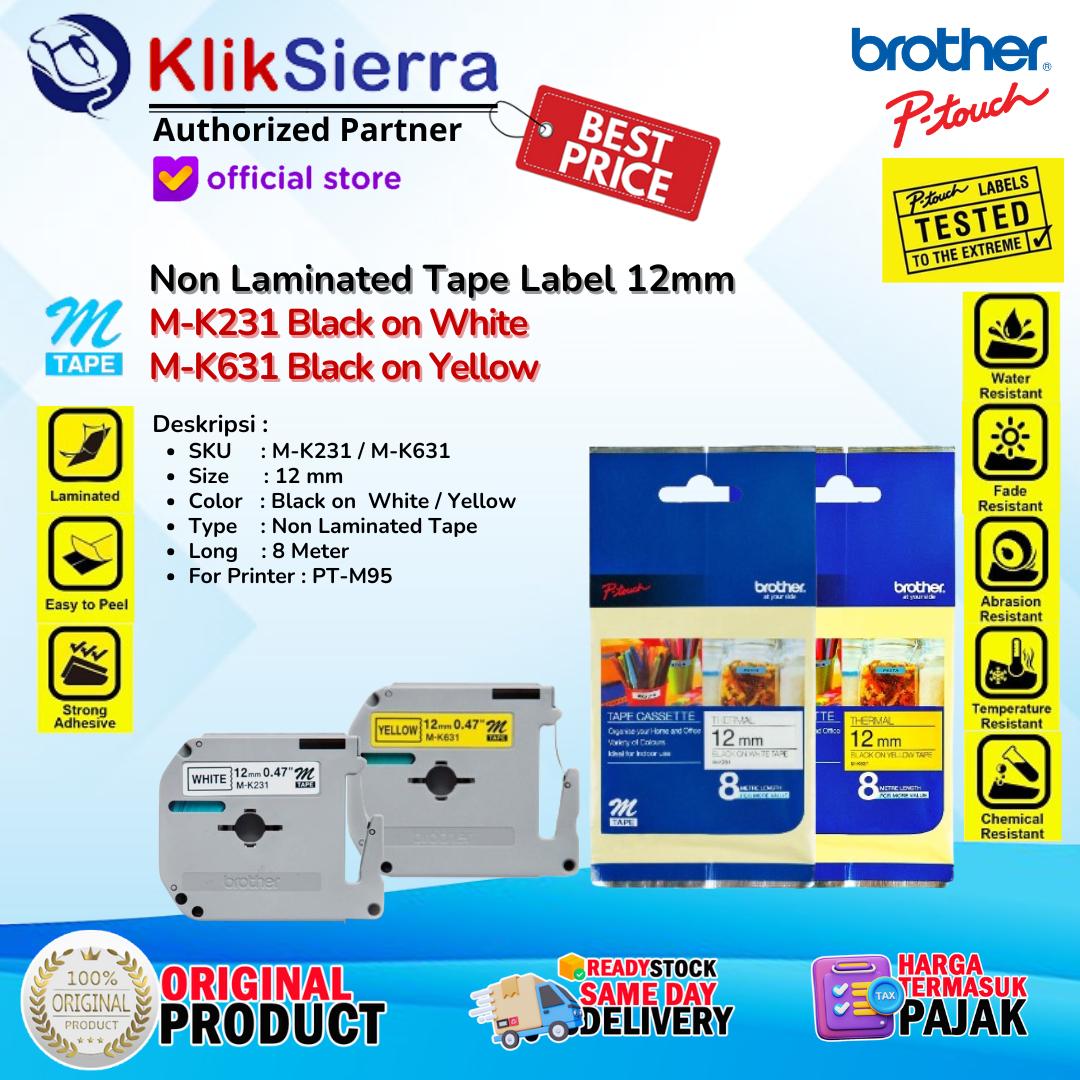BROTHER 12mm ORIGINAL M-Tape Label Stiker M-K231 MK-231 MK231 Black on White - PTouch Label Sticker M-K631 MK-631 MK631 Black on Yellow - For Printer Label PT-M95 | PTM95