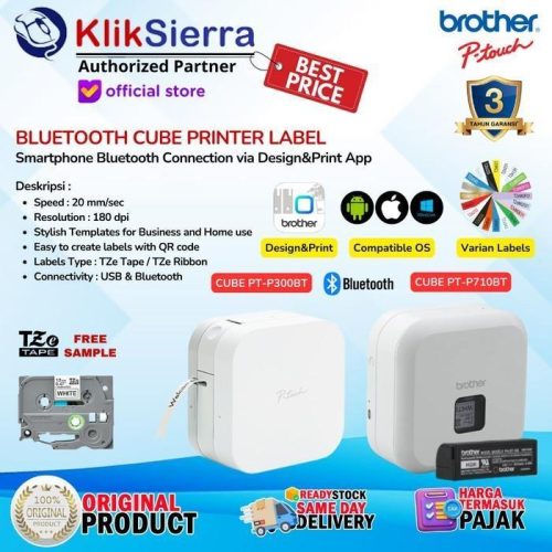 Printer Label BROTHER PTouch CUBE PT-P300BT PTP300BT | PT-P300 PTP300 & PT-P710BT PTP710BT | PTP710 PT-P710 Bluetooth Portable Label Printer Barcode with TZe Label Sticker Laminated & Waterproof – Garansi Resmi 3 Tahun