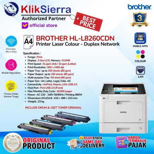 PRINTER BROTHER HL-L8260CDN L8260 & HL-L8360CDW L8360 Printer Laser Colour 31ppm Duplex Wireless WiFi LAN Ethernet NFC with 2.7” Colour LCD TouchScreen – Garansi Resmi 3 Tahun