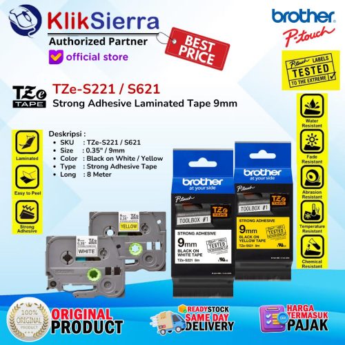 BROTHER STRONG ADHESIVE Tape 9mm TZeS621 TZe-S621 Black on Yellow | TZeS221 TZe-S221 Black on White – Laminated Sticker Label Waterproof Tahan Air & Panas For PTouch Printer PT-H110 D210 D460BT D610BT P750W P900W P950NW