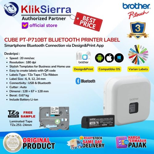 Printer Label BROTHER PT-P710BT | PTP710BT | PTP710 | PT-P710 Bluetooth PTouch Cube Portable Label Printer Barcode – Free Aplikasi Design&Print2 dari Handphone with Variasi Label Sticker & Ribbon TZe Max 24mm Stiker Laminated & Waterproof