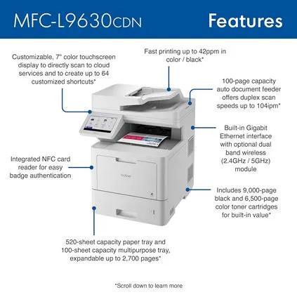 PRINTER BROTHER MFC-L9630CDN L9630 Printer ALL IN ONE Laser Colour LED dengan ADF F4 Flatbed with 7.0" LCD Touchscreen 40ppm Duplex Network LAN FAX NFC Include TONER ORIGINAL - Garansi Resmi 3 Tahun - Image 7