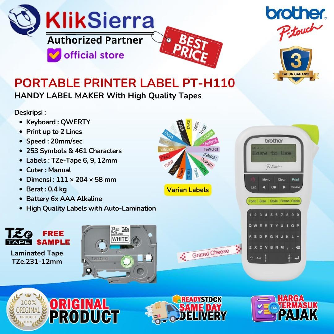 Printer Label BROTHER PT-H110 | PTH110 - Portable Label Printer Stiker - Handy Label Maker with Max 12mm TZe Laminated Tape Sticker Waterproof TZe-231 | TZe-631