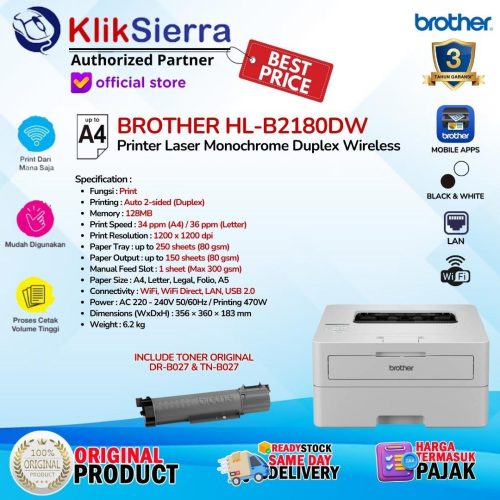 PRINTER BROTHER HL-B2180DW B2180 Duplex Wireless WiFi LAN Ethernet 36ppm Single Laser Monochrome BW – Pengganti HL-B2080DW – Garansi Resmi 3 Tahun