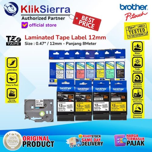 BROTHER ORIGINAL Tape TZe-131 TZe131 | TZe-231 TZe231 | TZe-431 TZe431 | TZe-531 TZe531 | TZe-631 TZe631 | TZe-731 TZe731 | TZe-335 TZe335 – PTouch Label Stiker 12mm – Tahan Panas & Air Waterproof For Printer PT-H110 D210 D460BT P300BT P710BT P750W P900W