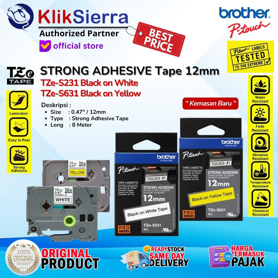 BROTHER ORIGINAL PTouch Label Tape 12MM STRONG ADHESIVE TZe-S631 TZeS631 Black on Yellow | TZe-S231 TZeS231 Black on White - Tahan Panas & Tahan Air Waterproof - Sticker Laminated Label For PT-H110 D210 D460BT D610BT | P300BT P720BT | P750W P900W P950NW - Image 2