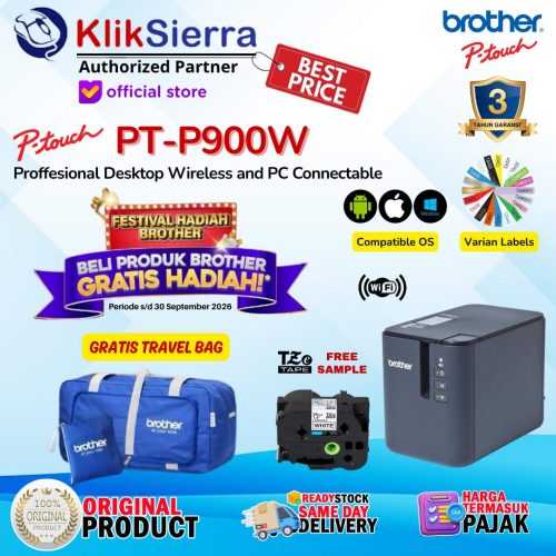 Printer Label BROTHER PT-P900W | PTP900W | PTP900 | PT-P900 Wireless WiFi – PTouch Label Printer Barcode For Asset Management – Free Aplikasi PTouch Editor with TZE Sticker Label TZE-261 36mm Hitam Putih Stiker Laminated & Waterproof