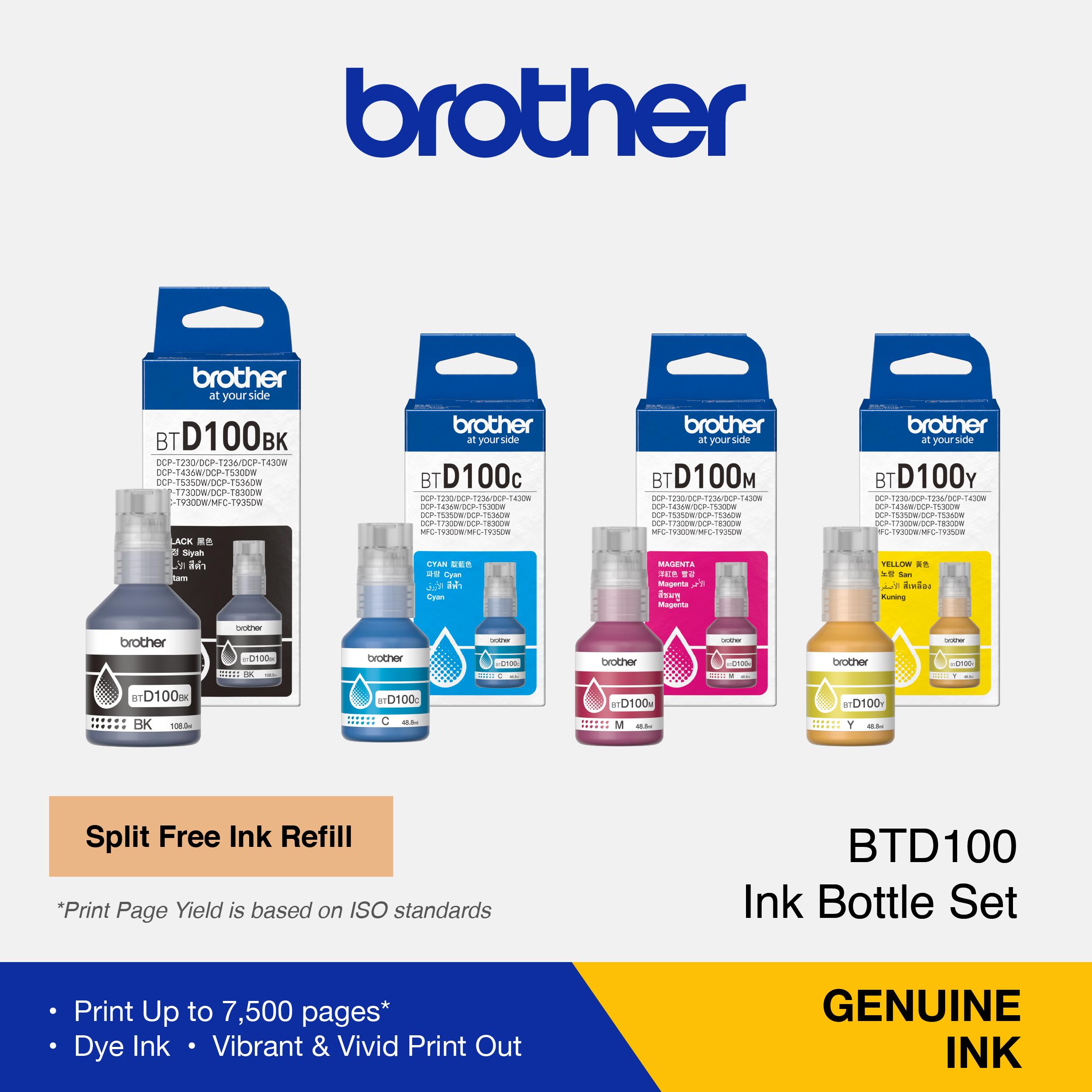 BROTHER 1SET Tinta Refill Botol BTD100 BTD-100 | BTD100BK BT-D100BK | BTD100C BT-D100C | BTD100M BT-D100M | BTD100Y BT-D100Y Ink Bottle For Printer DCP-T230, T430W, T530DW, T730DW, T830DW, T930DW - ORIGINAL INK - Image 4