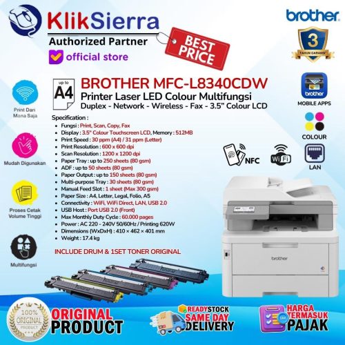 BROTHER MFC-L8340CDW | L8340 Printer Laser Colour All In One Multifunction 30ppm dengan ADF Duplex Wireless WiFi LAN Network Fax with 3.5″ LCD Colour – Garansi Resmi 3 Tahun