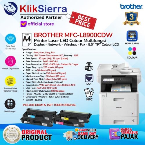BROTHER MFC-L8900CDW L8900 Printer Laser LED Colour Multifunction with 5.0” TFT Colour LCD TouchScreen ADF Duplex Wireless WiFi LAN Network FAX NFC & MFC-L8690CDW L8690 – Garansi Resmi 3 Tahun