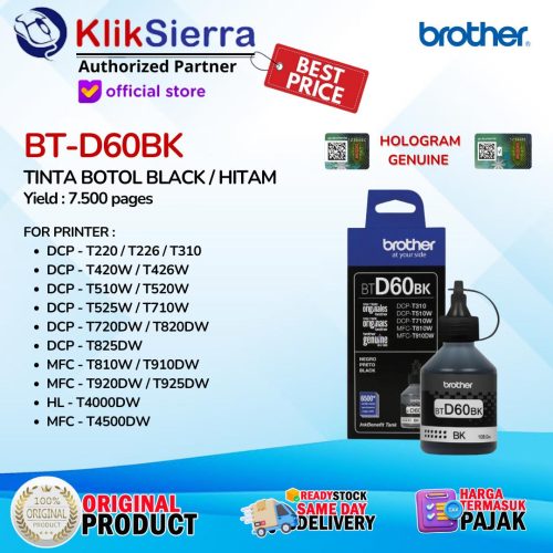 BROTHER TINTA BOTOL BT-D60BK | BTD60BK | BTD60 Black Hitam & BT-5000 | BT5000 CMY – Ink Refill ORIGINAL – For Printer T220, T420W, T720DW, T4000DW, T4500DW