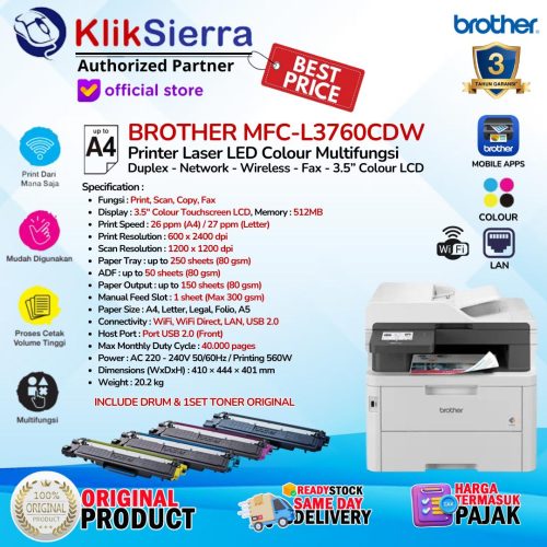 BROTHER MFC-L3760CDW L3760 & L3560CDW L3560 Duplex Wireless WiFi – Printer All in One Laser LED Colour Include Toner ORIGINAL – Pengganti MFC-L3750CDW – Garansi Resmi 3 Tahun