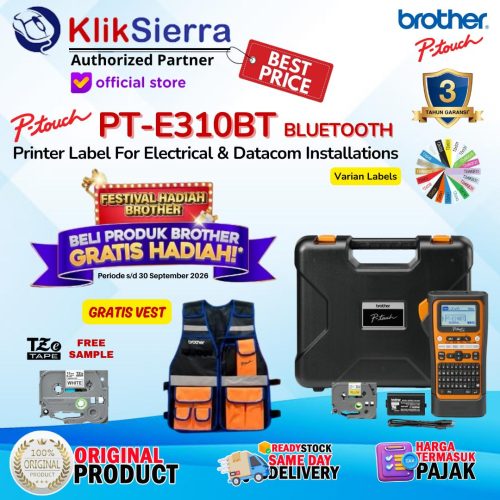 BROTHER Printer Label PTE310 PT-E310BT PT-E310BTVP USB-C Bluetooth Portable Handheld Electrician Label Printer Sticker with TZe HSe Heat Shrink Tape & PT-E110 PTE110 – Pengganti PT-E300VP – Garansi Resmi 3Thn