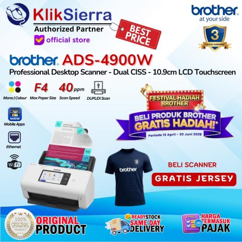 BROTHER ADS-4900W ADS4900 Wireless Professional Desktop Scanner F4 – Dual CISS Duplex, 60ppm ADF 100 sheets WiFi Network LAN with 10.9 cm LCD Color Touchscreen & ADS-4700W ADS4700 & ADS4300 ADS-4300N LAN – Garansi Resmi 3 Tahun
