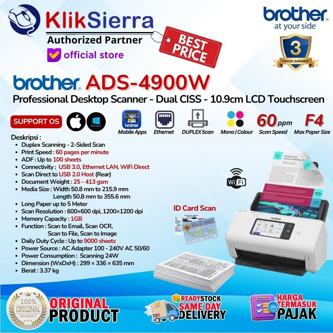 BROTHER ADS-4900W ADS4900 Wireless Professional Desktop Scanner F4 - Dual CISS Duplex, 60ppm ADF 100 sheets WiFi Network LAN with 10.9 cm LCD Color Touchscreen & ADS-4700W ADS4700 & ADS4300 ADS-4300N LAN - Garansi Resmi 3 Tahun - Image 4