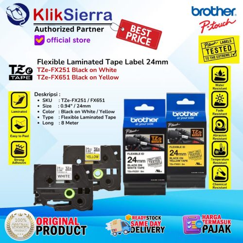 BROTHER TZe-FX251 TZeFX251 | TZe-FX651 TZeFX651 ORIGINAL FLEXIBLE Tape 24mm Label Sticker Tahan Air Waterproof For Printer PTouch PT-D610BT P710BT P750W P900W P950NW E550WVP E560BT E800T E850TKW