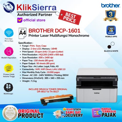 Printer A4 Multifungsi BROTHER DCP-1601 | DCP1601 – Printer Laser Monochrome BW Multifunction Print Scan Copy Include Toner ORIGINAL – Garansi Resmi