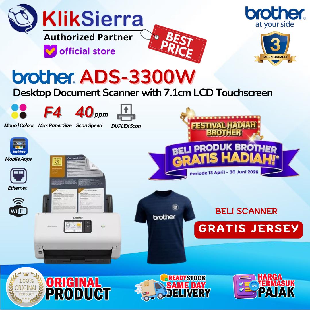 Desktop Document Scanner BROTHER ADS3300 ADS-3300W & ADS-3100 ADS3100 & ADS-3350 ADS-3350W - 40ppm, ADF, USB, WIreless WiFi Direct, Ethernet LAN - Pengganti ADS-2200 | ADS-2700W - Garansi Resmi 3 Tahun
